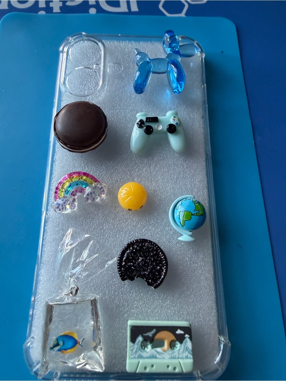 Kids Decorative Clear Phone Case with Blue Balloon Dog and Multicolor Charms